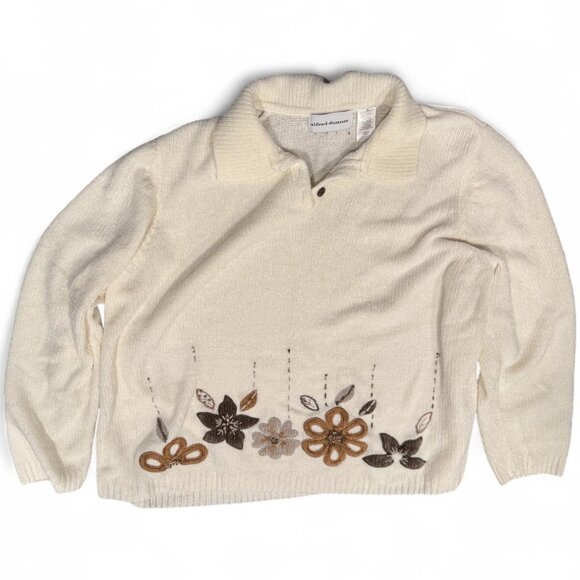 Alfred Dunner Women's Cream Embroidered Sweater Size XL Grandmacore Chenille - Picture 1 of 7